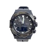 CASIO◆ソーラー腕時計_PRO TREK/デジアナ/レザー/BLK/BLK/SS