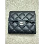 CHANEL◆キャビアスキン/ココマーク/ラムスキン/3つ折り財布/羊革/BLK/レディース/28610454