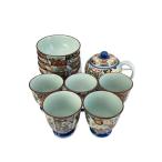 古伊万里◆湯呑/マルチカラー/ポット付き食事の友揃