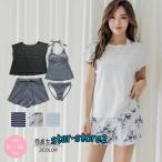 水着 レディース 体型カバー ママ水着 30代 40代 50代 大人 セット水着 かわいい おしゃれ カバーアップ オーバーTシャツ ショートパンツ ４点セット