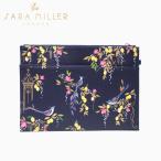フラットポーチ sara miller サラミラー 鳥 植物 横25cm ネイビー