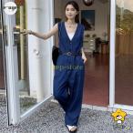 オールインワン レディース サロペット デニム ロングパンツ ゆるシルエット ワイド ジーンズ ベイカーパンツ Vネック つなぎ オーバーオール コンビネゾン