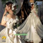 ショッピングプリンセス ウェディングドレス ウエディングドレス 二次会 結婚式 前撮り ブライダル ロングドレス 花嫁 プリンセスドレス フラワー リボン サテン オフショルダー 可愛い