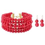 Yahoo! Yahoo!ショッピング(ヤフー ショッピング)パールチョーカーネックレスとイヤリング女性用コスチュームジュエリーセット赤