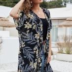 夏着物カーディガンオープンフロントトップスビーチスイムカバーアップダークイエロー