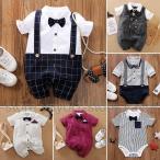 ベビーロンパース 子供服 ベビー服 男の子 カバーオール スーツ つなぎ 半袖 蝶ネクタイ ベスト セットアップ風 重ね着風 前あき 60 70 80 90