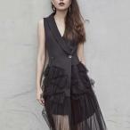 ワンピース パーティードレス 韓国 二次会 お呼ばれ 個性的 海外 セレブ チュール オルチャン 愛い 無地 Vネック 夏 ノースリーブ ロング丈 フリル アウターワ