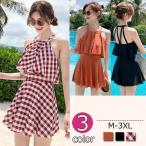 水着チェック柄フレア水着韓国風40代大きいサイズ水着レディース体型カバー水着ワンピース型ショートパンツサロペット可愛いスイムウェアママ水着