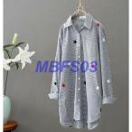 星刺繍ロングシャツブラウス/ストライプ柄/綿春秋Ｔシャツ二点エスニック風ナチュラル森ガール風カジュアルトップカーディガンきれいめ