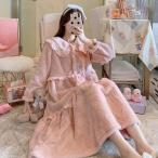 姫系 ネグリジェ 寝巻き レディース長袖 フランネルロマンティックルームワンピース パジャマ ナイトウエア ピンク 秋冬