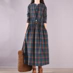 ショッピング森ガール ワンピースチェック長袖リネンチェニックレディース森ガールAラインチェック柄秋物冬物今だけ