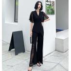 パンツドレス かっこいい パーティードレス 結婚式 お呼ばれドレス パンツ ジャンプスーツ 半袖 袖あり レース袖 黒 大きいサイズ 3L 4L