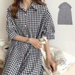 ワンピース シャツワンピース ロング 半袖 ギンガムチェック 夏 レディース レディースファッション　20220721P
