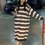 ワンピース ニットワンピース ロングニット プルオーバー ボーダー柄 ゆったり ミモレ丈ワンピース