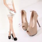 閉店セール　SALE　14.2cmヒール　オープントゥパンプス　レディース　厚底　スウェード　ハイヒール　歩きやすい　後ろリボン　シンプル　