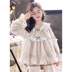 パジャマ ルームウエア  部屋着 キッズ 子供  女の子  可愛い  モコモコ 暖かい レース リボン 上下セット ベージュ ブルー　あったかパジャマ