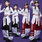 キッズ ダンス衣装 ヒップホップ セットアップ ヘソ出しトップ ワイドカーゴ 白赤黒グラフィック ライン柄パンツ ストリートファッション 子供用 ステージ衣装