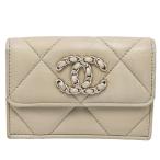 シャネル CHANEL 三つ折り 財布 シャネル19 スモール フラップ ウォレット ディズヌフ AP1789 レザー グレー ベージュ シルバー金具 ミニ財布 中古