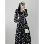 シフォンワンピース 長袖 レディース 花柄 ロングワンピ 春 長袖ワンピース ロング 体型カバー マキシワンピース 秋 ギャザーワンピース Vネック