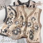 ベスト レディース ニットベスト ジレベスト 前開き 重ね着 ノースリーブ 花柄 ゆったり プルオーバー レイヤード おしゃれ 着回し 体型カバー