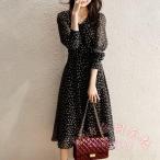 ショッピング水玉 水玉ドレス ワンピース ロングスカート ブラック 透け感 着痩せ おしゃれ 膝丈 KNK(株） フェミニン Aライン 優雅 クラシカル ふんわりシルエット