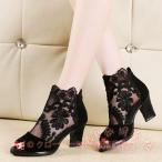 ブーツサンダル レディース オープントゥ 太ヒール6cm メッシュレースKNK（株）シースルー花柄 ブーティ風 ハイヒール きれいめ夏コーデ