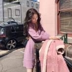 ニットワンピース レディース ミニ丈 長袖 きれいめ Aライン パフスリーブ KNK 春秋冬ショート膝上フレアで大人可愛い 大きいサイズ対応 デート通勤にも映える