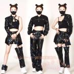  Корея способ танцевальный костюм выставить женский hip-hop KNK( АО ) искусственная кожа брюки чёрный Kids девочка . Jazz Dance K-POP stage костюм верх и низ в комплекте 
