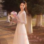 ウェディングドレス 袖あり レース袖 長袖 Vネック 白 KNK(株) 二次会ドレス 高級感 フォーマル キレイめ ロングドレス Aライン お呼ばれ 花嫁ドレス 上品