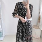花柄フレアワンピース 春夏 カシュクール風 ロング丈 KNK(株） きれいめ 体型カバー 通勤 お出かけ レトロ 上品 大人可愛い さらっと涼しい