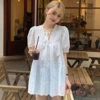 スカラップ刺しゅう レースブラウス Vネック レディース KNK(株） きれいめ フェミニン 通勤 オフィス カジュアル 大人可愛い 春夏秋 おしゃれ 体型カバー