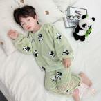 もこもこキッズパジャマ 長袖上下セット 90-160 KNK(株） あったか部屋着 男の子女の子 可愛いパンダ柄 グリーン/ホワイト 冬のお泊りにも