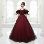 カラードレス 赤 演奏会ドレス 付け袖付き ウエディングドレス 結婚式前撮り 二次会 花嫁 ワインレッド 黒 ドット柄 水玉 発表会　舞台衣装　cd23510