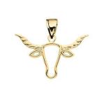 High Polish Open Work Texas Longhorn Bull Yellow Gold Pendant Necklace - Go