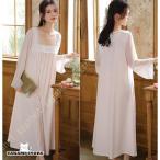 ネグリジェ パジャマ 姫系 フリル ワンピース レディース レース刺繍 ルームウェア 長袖 ロング丈 ルームワンピース 姫系ネグリジェ スクエアネック