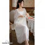 ロング ネグリジェ パジャマ ルームワンピース 姫系 長袖 レース 蝶結び プリンセス ナイトドレス Vネック シースルー袖 フェミニン 大人女性 部屋着 寝間着