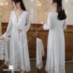 ネグリジェ パジャマ ワンピース 長袖 ロング 春秋 ルームワンピース お姫様 レースフリル かわいい レディース ワンピース パジャマ 部屋着 寝間着