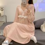 ネグリジェ 春秋 長袖ネグリジェ 姫系 ルームワンピース ロング丈 レース パジャマ カップ付き 普段着 ルームウェア ゆったり 長袖 姫パジャマ レディース