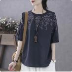 チュニック 春 ブラウス シャツ 半袖 レディース プルオーバー ブラウス ロングシャツ 夏 刺繍 お洒落 大きいサイズ 40代 50代 夏 ゆったり 花柄 可愛い