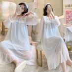 ネグリジェ 春秋 綿 長袖ネグリジェ 姫風ワンピース ロング丈 レースネグリジェ シースルー ナイトロープ ルームウェア パジャマ レディース 大人可愛い