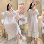 ネグリジェ 春秋 綿100％　長袖ネグリジェ 姫風ワンピース ロング丈 レースネグリジェ シースルー ナイトロープ ルームウェア パジャマ レディース 大人可愛い