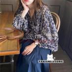 ブラウス レディース きれいめ 40代 秋新作 長袖ブラウス 花柄シャツ パフスリーブ Vネック シフォントップス オシャレカジュアル 韓国風 ゆったり 大人可愛い