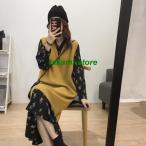 セットアップ レディース 春秋 40代 韓国風 きれいめ 可愛い 2点セット ニットベスト 花柄ワンピース カジュアルセット 長袖ワンピース ゆったり 通勤 オシャレ