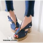 サンダル レディース 厚底 ヒールあり 歩きやすい 太ヒールサンダル 春 夏 チャンキーヒール デニム オープントゥ 大きいサイズ カジュアル おしゃれ