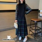 レイヤード風ワンピース 切り替え ワンピース レディース ロング 長袖 マキシワンピース チェックワンピース 大きいサイズ 3L 4L 5L カジュアル
