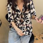 アロハシャツ レディース ハワイシャツ シャツ ブラウス 日焼け止め服 Vネック 半袖 ゆったり パイナップル柄 トロピカル 夏 海辺 ビーチ 原宿系