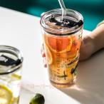 ショッピングストロー カップ 450ml グラス 耐熱ガラス マグカップ 透明 ストロー ボトル 水筒 コーヒーカップ グラスコップ ティーカップ タンブラー おしゃれ