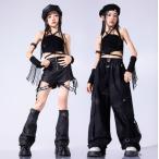 黒 キラキラ　PU キッズ ダンス衣装 ヒップホップ ジャズ 女の子 ジャズダンス セットアップ チア 子供服トップス スカート パンツ k-pop 衣装 jazz団体