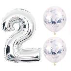 お誕生日パーティー シルバー風船 数字2 バルーンｘ1個 バルーンｘ2個 風船セット （シルバー2） (数字：2)
