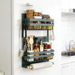 マグネット 冷蔵庫サイドラック キッチンペーパーホルダー スパイスラック ラップホルダー 網目カゴ式収納ラック 移動可能フック4個付き 貼り付け簡単